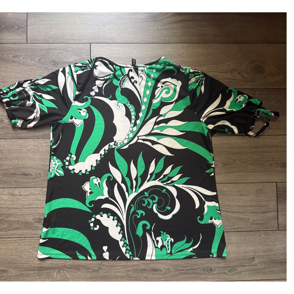 Kristin Nicole Womens 1X Green Black Paisley Slit Tie Sleeve Blouse Made in USA